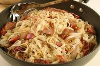Kielbasa & Sauerkraut Notta Pasta A fast skillet super supper! 1 Bring a large pot of salted water to a boil. 2 Heat oil in large skillet over medium-high heat. Add kielbasa and brown on all sides.