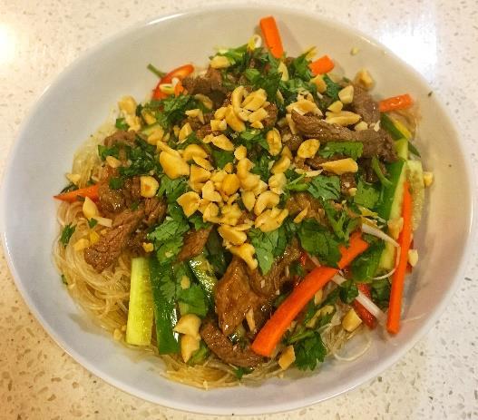 Dressing: 2tsp lime juice 2tsp fish or soy sauce 1tsp sesame oil ½ tsp brown or palm sugar ½ red chilli, optional - Cook the noodles as per packet directions, drain and set aside - Fry the steak