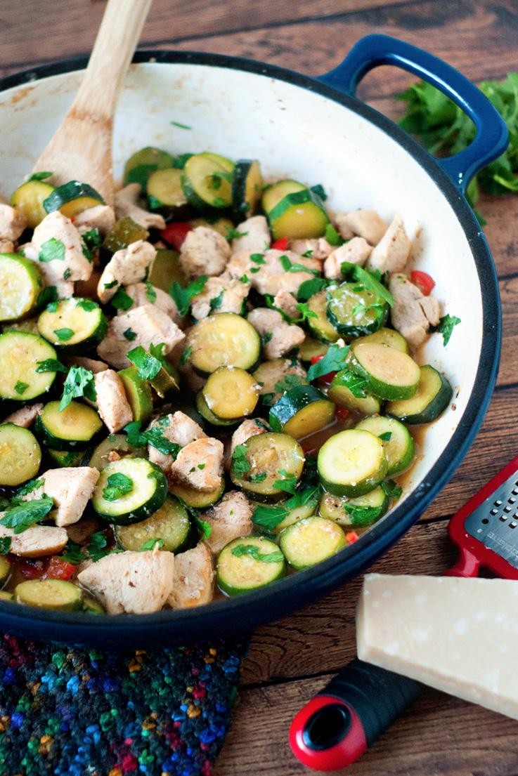 5/15/2015 Parmesan Lemon Chicken and Zucchini Saute Parmesan Lemon Chicken and Zucchini Saute After just a few minutes in the skillet, this light chicken and zucchini saute is great served over