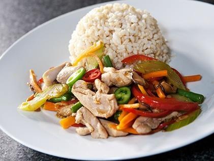 Tamari and Ginger Chicken stir fry with seasonal vegetables and brown rice Serves: 2 organic chicken breast 6 fresh shiitake mushrooms teaspoon fresh ginger, grated stick celery, sliced finely