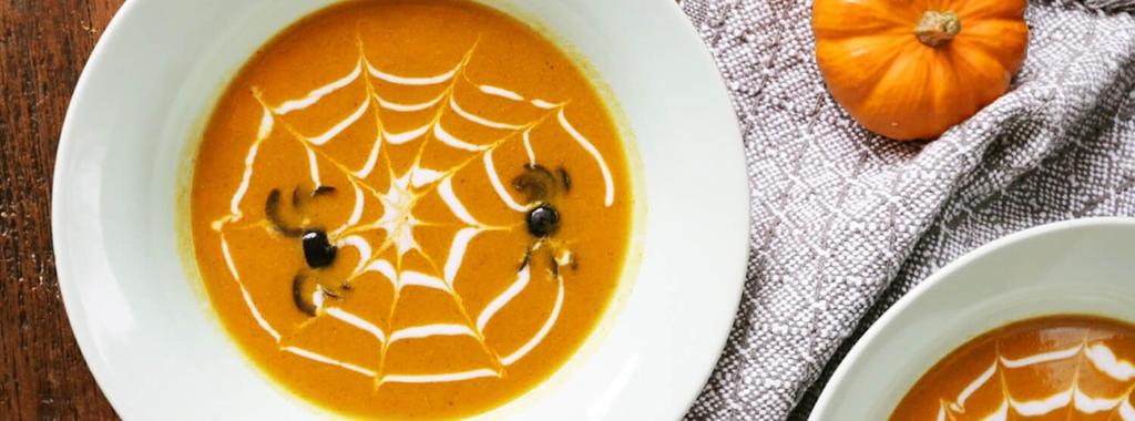 Spider Web Pumpkin Soup 11 ingredients 20 minutes 4 servings 1. In a large pot, heat coconut oil over medium heat. Stir in pumpkin, broth, almond milk, ginger, sage, maple syrup, salt and pepper. 2. Bring to a boil and let simmer for about 10 minutes.