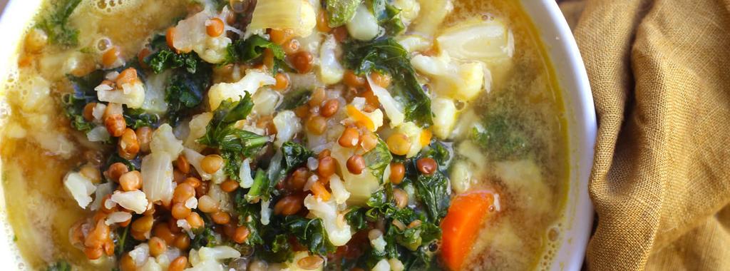 Cauliflower, Kale & Lentil Detox Soup 10 ingredients 40 minutes 6 servings 1. Heat the olive oil in a large pot. Add the onion, celery, and carrots.