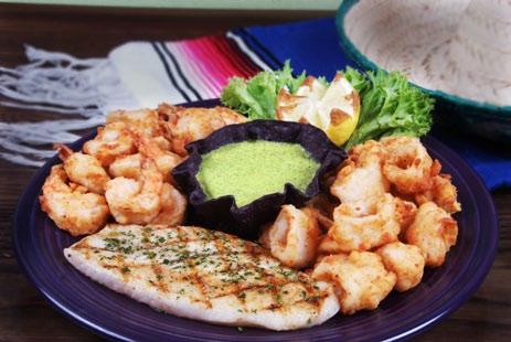 =SEAFOOD= Seafood Platter Salmon Chimichurri Seafood Platter LE 94 Warm hand battered shrimp, calamari and a choice of fried or grilled fish filet. Served with chimichurri dip.