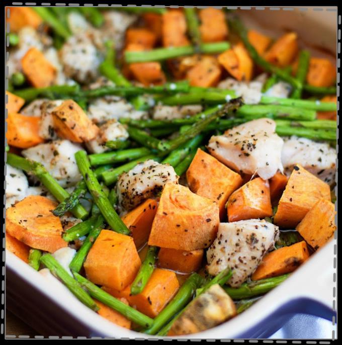 Chicken, Asparagus & Sweet Potato Skillet Prep Time: 10 mins Cook Time: 25 mins 1 pound boneless skinless chicken breasts, cut into 1/2- inch pieces Salt and pepper 1 tablespoons coconut oil 3 garlic