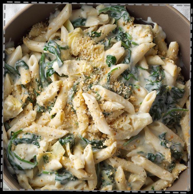 One-Pot Spinach & Artichoke Pasta Cook Time: 20 mins 16 ounces penne pasta 3 garlic cloves, minced 1 tablespoon onion powder or 1/2 onion diced 1 tablespoon dried parsley 1/4 teaspoon dried thyme 14