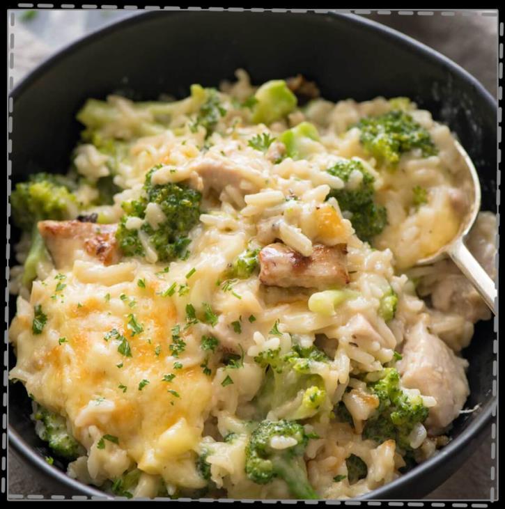 One Pot Chicken & Broccoli Rice Cook Time: 25 mins 2 tablespoons olive oil 2 garlic cloves, minced 1 small onion, finely chopped 1 1/2 cups long grain white rice 2 cups shredded cooked chicken 2 cups