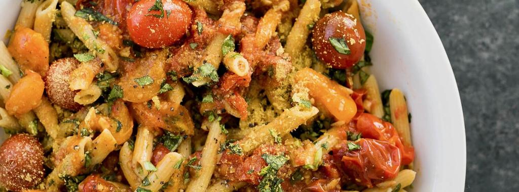 Penne with Bursted Cherry Tomato Sauce 7 ingredients 30 minutes 2 servings 1. Cook pasta according to the directions on the package. Run under cold water once cooked to prevent from over cooking. 2. In a large sauce pan, heat olive oil over medium-high heat.