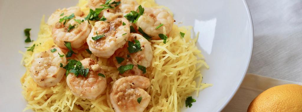 Lemon Garlic Shrimp Spaghetti Squash 7 ingredients 45 minutes 2 servings 1. Preheat oven to 350F and line a baking sheet with parchment paper. 2. Slice the spaghetti squash in half through its belly, and place cut-side down on the baking sheet.