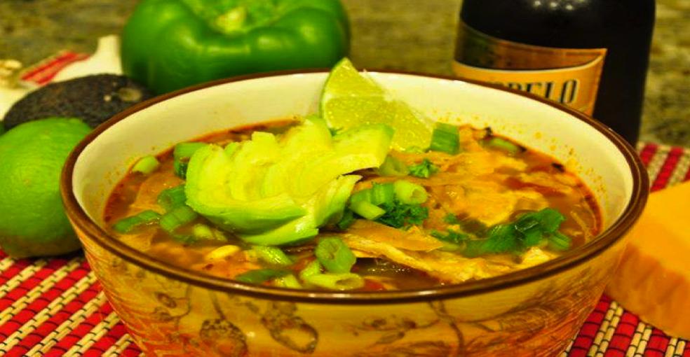 Tortilla Soup - Serves 8 2 32-ounce cartons vegetable stock (low sodium, organic) 2 cans organic stewed tomatoes 2 cans pinto beans, drained 2 cans black beans, drained 16 oz.