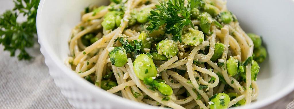 Cheesy Edamame & Parsley Pasta 8 ingredients 15 minutes 4 servings 1. Bring a large pot of water to a boil and add brown rice spaghetti. Cook according to the directions on the package.