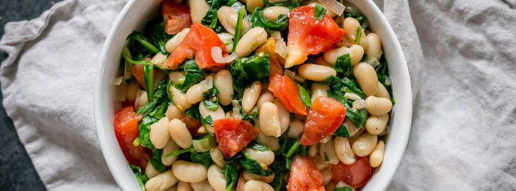 White Bean, Spinach & Tomato Salad 7 ingredients 10 minutes 2 servings 1. Heat olive oil in a large pan over medium heat. Add shallots and garlic and saute for 1 to 2 minutes. 2. Add white beans, spinach and tomato.