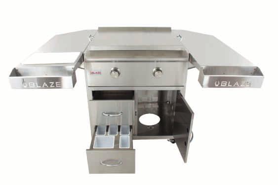 includes stainless steel rear and side shelves with removable cutting board and condiments racks.