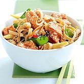 Chinese Sweet and Sour Salmon and Noodles 3 x 170 g cans Gold Seal Alaska sockeye skinless boneless salmon 250 g (10 oz)medium or fine egg noodles juice of one orange 4 Tbsp. clear honey 2 Tbsp.