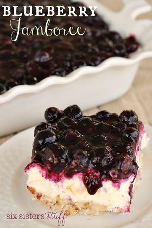 SMALLER FAMILY- BLUEBERRY JAMBOREE D E S S E R T Serves: 12 Prep Time: 1 Hour 20 Minutes Cook Time: 10 Minutes Blueberry Topping: 1 3/4 cups fresh blueberries (divided) 1/8 cup sugar 1 Tablespoon