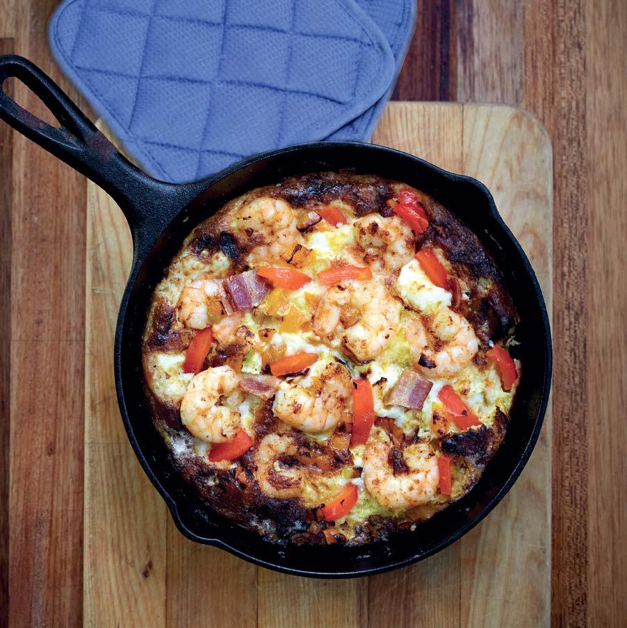 Bacon, Shrimp & Grits Frittata 3 4 cup hot cooked grits 2 tablespoons olive oil, divided 1 1 2 cups finely chopped red or yellow bell pepper 2 3 strips bacon, cut into slices and cooked until crisp,