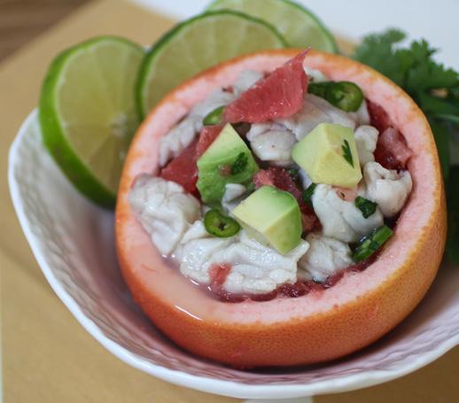 and Red Snapper Ceviche 1 pound skinless red snapper fillets, diced ¼ inch thick 1 avocado, cubed 10 segments ¾ cup fresh lime juice 1 cup grapefruit juice 1 jalapeño, seeded and minced 1 garlic