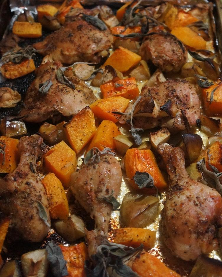 Butternut Squash, Apple and Chicken Pan Roast Ingredients: 6 whole chicken legs separated (6 legs and 6 thighs) (skin removed in preferred) 2 lemons or lime to clean chicken (cut in halves) 1 ½