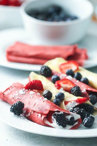 GLUTEN FREE- PATRIOTIC CREPES D E S S E R T Serves: 20 Prep Time: 1 Hour 20 Minutes Cook Time: 20 Minutes Red Velvet Crepes 2 large eggs 1 egg yolk 1 cup fat free milk 1/2 cup water 1/4 teaspoon salt