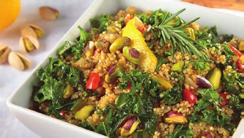 QUINOA KALE RISOTTO WITH AMERICAN PISTACHIOS 6-1 cup servings 1 tablespoon extra-virgin olive oil ½ onion, diced ½ red bell pepper, diced 1 clove garlic, minced 2 cups uncooked quinoa 3 cups