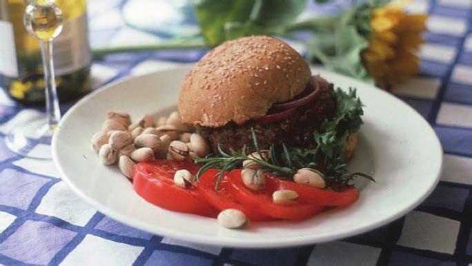 AMERICAN PISTACHIO VEGGIE BURGERS 6 servings 1 cup shelled pistachios, finely chopped 2 cups coarsely grated zucchini 2 cans red kidney beans, drained and mashed ½ cup grated Romano cheese ½ cup dry