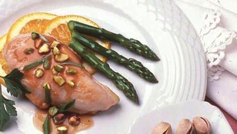 CHICKEN WITH AMERICAN PISTACHIO SAUCE 4 servings 2 whole chicken breasts, skinned, boned and halved ¼ teaspoon freshly ground black pepper 1 tablespoon oil ½ cup orange juice 2 tablespoons water 2