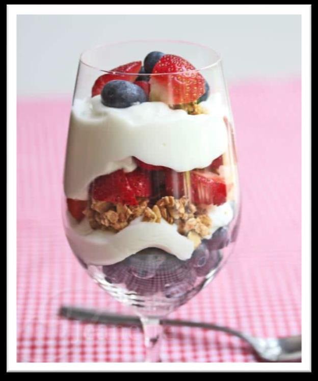 Yogurt Berry Parfait Prep time: 5 minutes Servings: 5 Serving size: 1 cup ( ½ cup yogurt, ½ cup berries, 1 tbsp oats) 2 ½ cups vanilla or strawberries yogurt 2