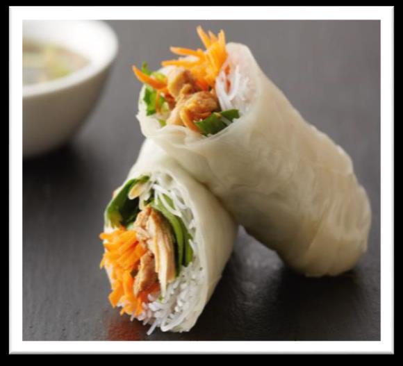 Prep Time: 15 minutes Serving size: 2 rolls each Garlic Chicken Rice Paper Rolls 20 oz. chicken breasts, cooked and cut into strips 2 cups rice noodles, cooked ahead 1-2 tbsp. oil 4 tbsp.