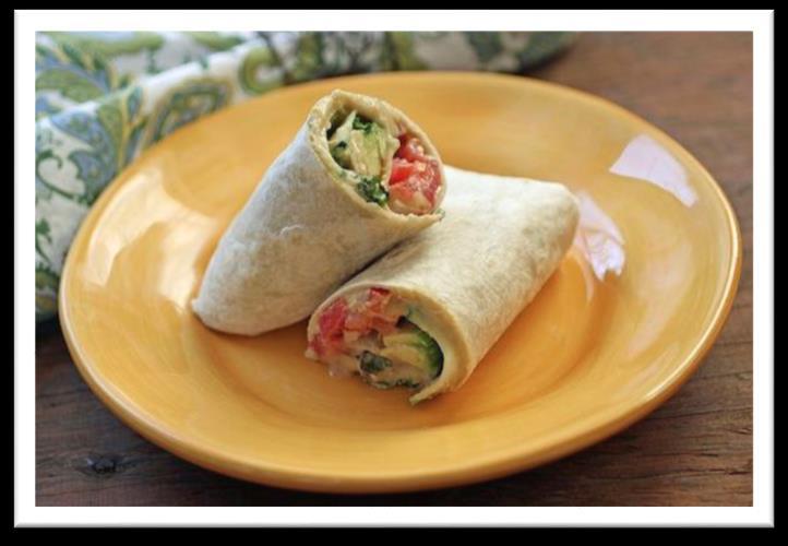 Cheese and Veggie Wrap with Hummus Prep time: 5 minutes Serving size: 1 wrap with 1 tbsp. hummus and 1 oz. cheddar 5-6" whole wheat tortillas 5 tbsp. hummus 5 oz.