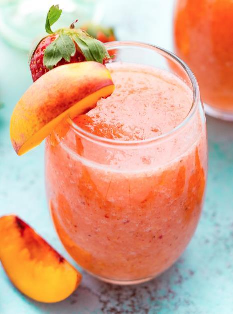 Strawberry Peach Smoothie Prep time: 3 minutes Serving size: ¾ cup [175 ml] Dairy-free option: Use coconut or almond milk instead of vanilla yogurt 1 cup frozen peaches [250 ml] 1 cup frozen