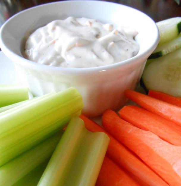 Veggies and Ranch Dip Prep time: 10 minutes Serving size: ½ cup veggies [125 ml] 3 carrots 1 cucumber 3 stalks celery ⅔ cup ranch dressing [150 ml] 1.