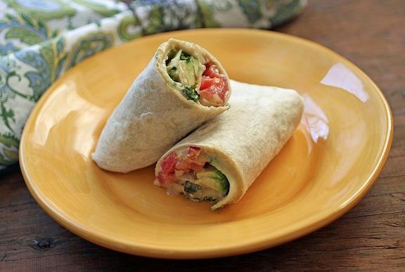 Cheese and Veggie Wrap with Hummus Prep time: 5 minutes Serving size: 1 wrap with 1 tbsp. [15 ml] hummus and 1 oz.