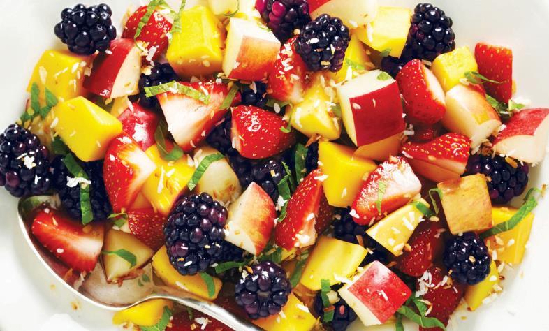Fruit Salad Prep time: 10 minutes Serving size: ½ cup [125 ml] 2 cups strawberries, hulled and sliced [500 ml] 2 cups cubed fresh pineapple [500 ml] 3 apples, sliced 3 bananas, peeled and sliced 1