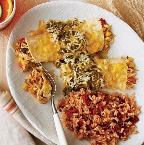 Chicken Enchilada Verde with Mexican Rice 1 lb. tomatillos, husked ½ medium onion, quartered 2 garlic cloves, peeled 2 jalapeno peppers, seeded ½ cup cilantro ½ tsp. coarse kosher salt ¼ tsp.