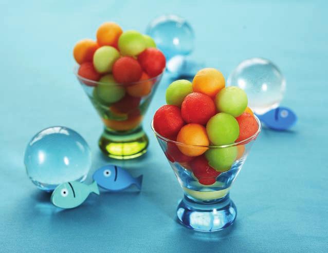 MELON BALL SALAD Healthy melon ball salad combines the sunny colors of a warm day with a playful shape sure to capture any child's snack-time imagination.