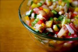 Rhubarb Salsa (Makes about 2 cups) 2 cups fresh rhubarb, finely diced 1/2 cup sweet red pepper, chopped 1/2 cup sweet yellow pepper, chopped 1/2 cup fresh cilantro 3 green onions, finely chopp 1