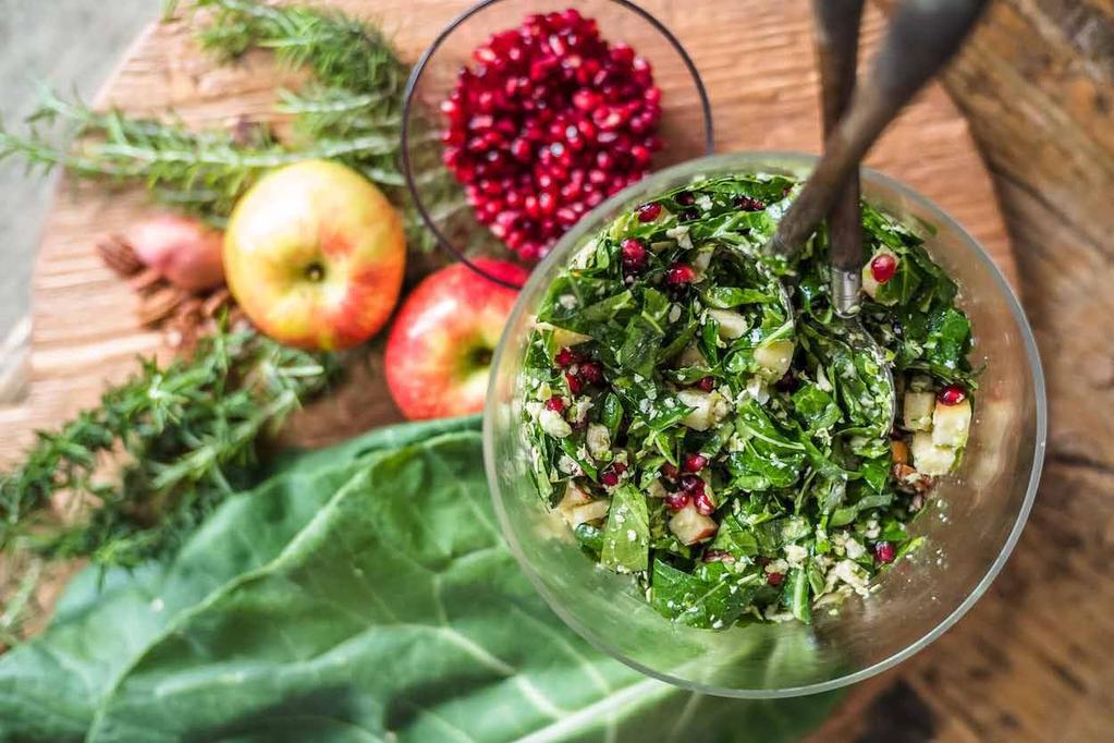 collard green & brussels salad w/apples, pomegranate seeds and pecans There s no need to peel the apple, the skin adds color and texture.
