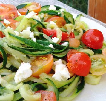 Zucchini Spaghetti Sauté [Makes 2 Servings] 2 medium-sized skinny zucchini (spiral with vegetable spiralizer) ¼+ cup cherry tomatoes (halved) 2 tablespoons extra virgin olive oil 2 garlic cloves