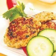 Chicken Patties 1 lb. ground chicken 1/3 cup chopped onion 1 TBSP chopped fresh dill 1 clove garlic, minced 1/4 cup chopped parsley salt & pepper cooking spray Combine all ingredients in a large bowl.