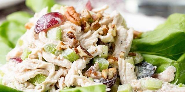 Chicken Salad Preheat oven to 450F. Arrange chicken in a glass baking dish large enough to hold it in a single layer. Pour broth around the chicken.