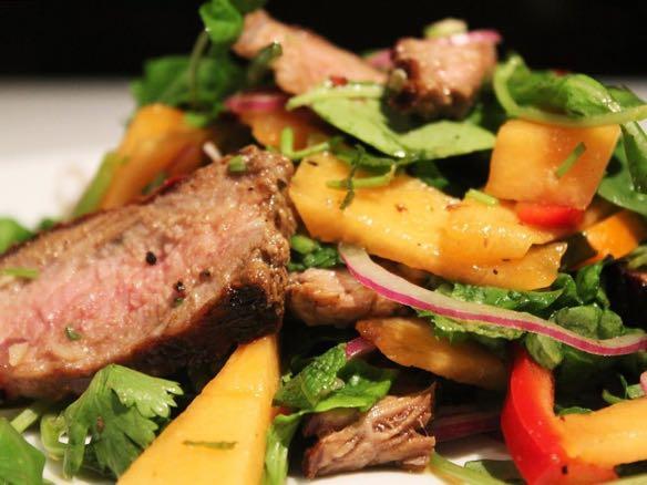 Beef and Melon Salad Preheat grill to medium. Sprinkle both sides of steak with salt and pepper. Grill the steak about 5 minutes per side for medium-rare and 6 minutes per side for medium.