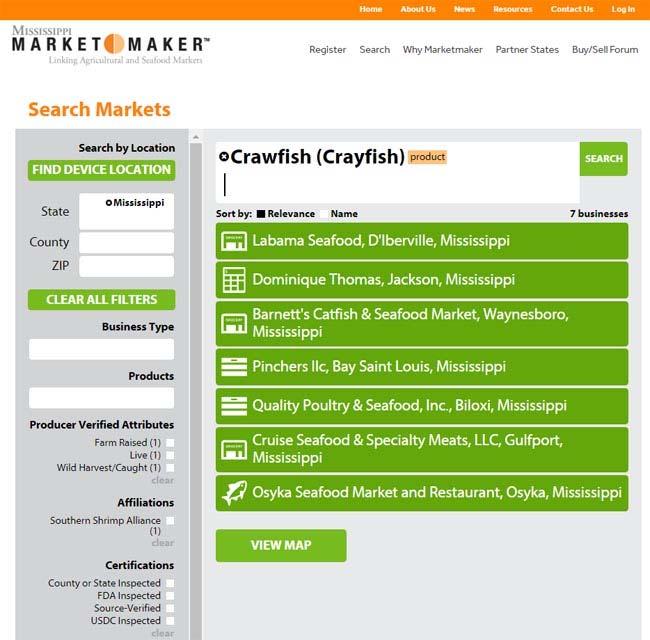 There are some businesses which promote their crawfish products in Mississippi MarketMaker (Fig. 7). Figure 7. Seafood businesses which promote their crawfish products in Mississippi MarketMaker.