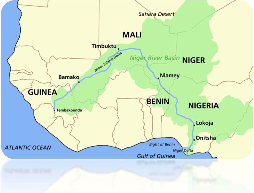 The source of the Niger River lies in the highlands of Guinea ( ) and its course plunges towards the Sahara through Mali until it again takes a southward course near Timbuktu ( ).