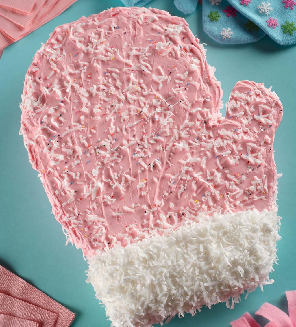 Fuzzy Mitten Pan Frosting (page 14) or 1 (16-ounce) can white frosting, divided, 1 3 left white, 2 3 colored light pink Shredded sweetened coconut Rainbow nonpareil sprinkles Preheat oven to 350