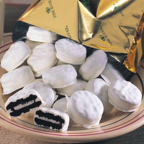 Traditional semi-sweet milk chocolate discs are accented with white candy