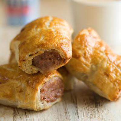 Sausage Rolls 200g ready made flaky/puff pastry 200g sausage meat or skinless sausages 1 egg Named tin to take Sausage Rolls home in Apron Use Quorn Chipolata sausages instead or mash some potatoes