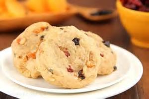 Fruity Cookies 100g SR flour 60g butter 75g sugar 50g raisins, sultanas, cranberries or chopped dried apricots 1 egg Apron Named tub to take cookies home in.
