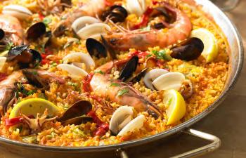 Paella 1 onion 100g chorizo sausage 1 tsp (5ml) turmeric - can be obtained from school 150g paella or easy cook rice 1 chicken stock cube 100g peas 200g raw chopped chicken or raw prawns Apron Named
