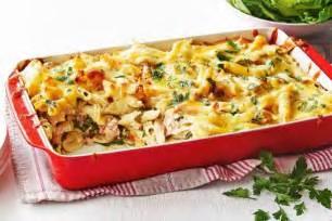 Tuna Pasta Bake 200g pasta shapes e.g. fusilli, farfalle or penne 1 tin tuna 1 tin condensed chicken or mushroom soup or a jar of pasta sauce e.g. carbonara 50g breadcrumbs and 50g grated cheese in the same bag!