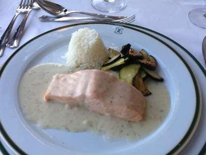 Fish Price per person VAT Inc. Baked Salmon with creamed potatoes, vegetables and Sherry sauce.