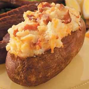 Twice-Baked Potatoes with Bacon 3 slices thick-cut bacon, coarsely chopped 4 potatoes, scrubbed, each pierced several times with fork 1/4 cup (1/2 stick) butter 1/4 cup whole milk Directions: Sauté